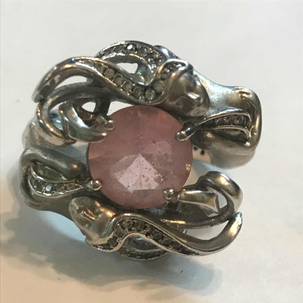 Mermaid Ring Pink Glass Stone Silver-Tone size 7